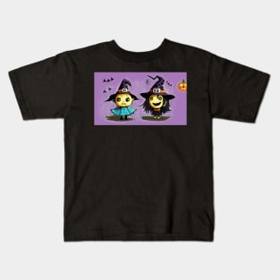 Two pumpkins wearing witch hats on a purple background Kids T-Shirt